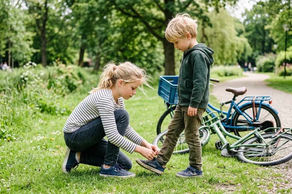 Twee kinderen in een park bij een fiets in het gras, de oudere helpt de jongere met een schoenveter.