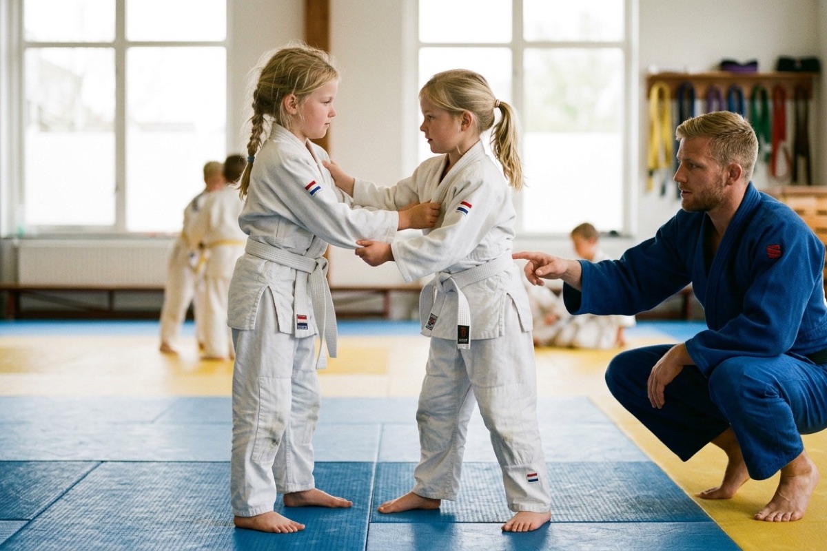 Twee kinderen oefenen rustig een grijp-techniek onder begeleiding van een trainer in een dojo.