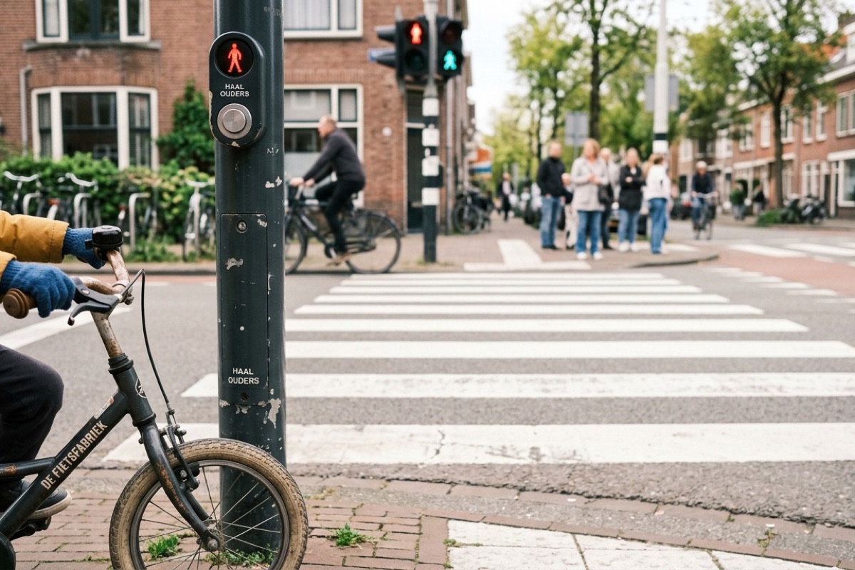 Detail van een kinderfiets bij een Nederlandse zebrapad-oversteek met verkeerslicht.