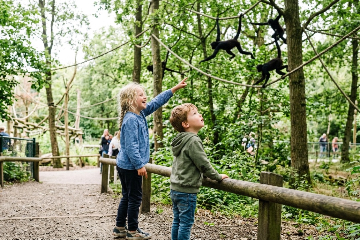 Twee Nederlandse kinderen kijken naar apen in een vrije buitenrenbaan op de Veluwe