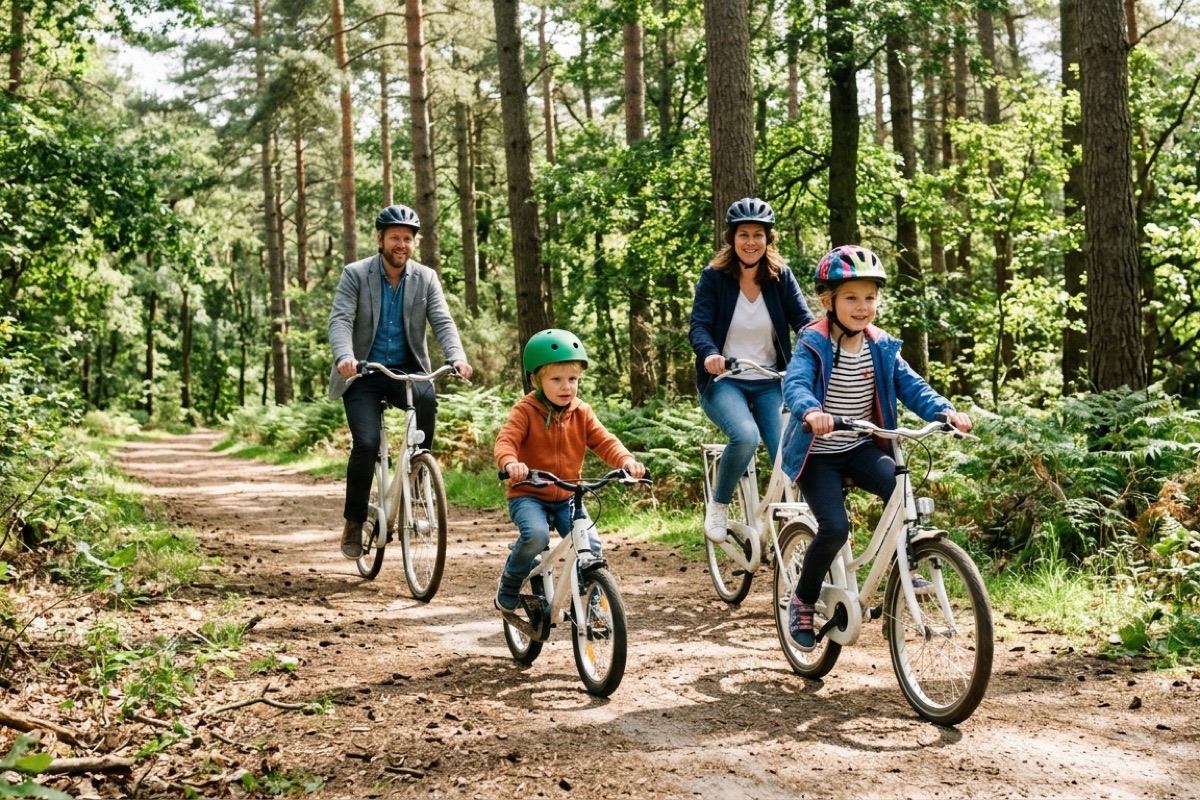 Een Nederlands gezin fietst op witte fietsen door een bos van Nationaal Park De Hoge Veluwe