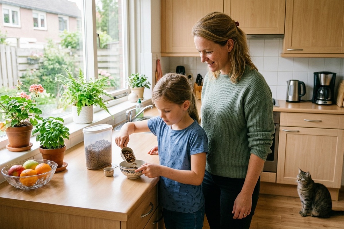 Een Nederlandse moeder en twee kinderen geven samen aandacht aan twee honden in de woonkamer