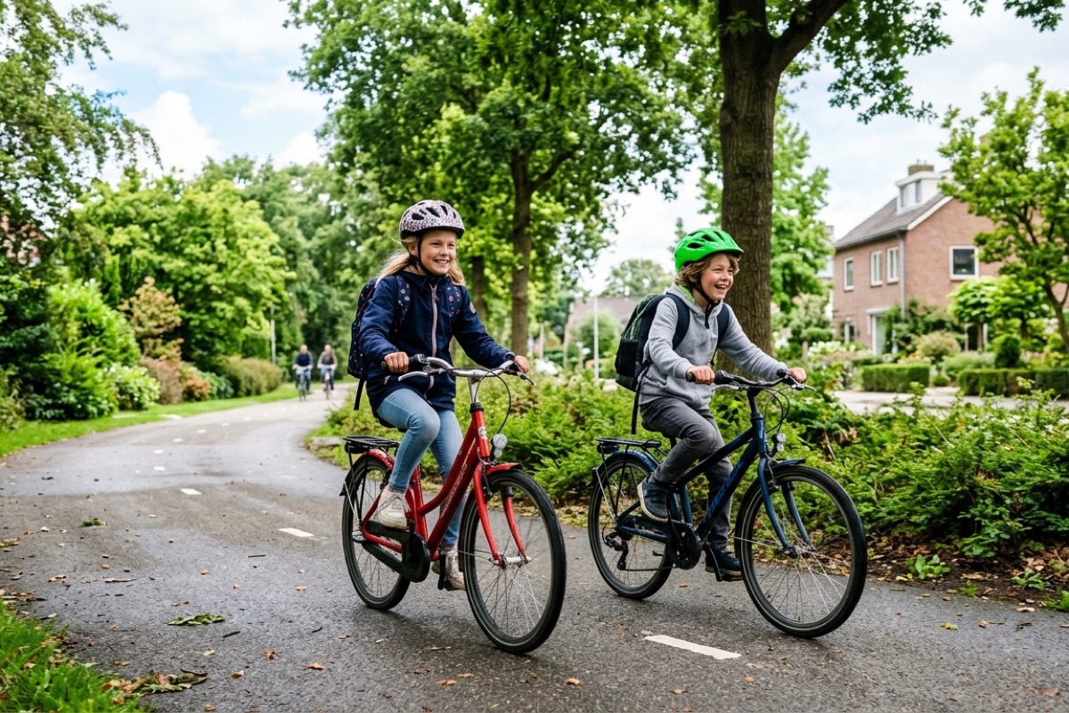 Twee kinderen rond tien jaar fietsen achter elkaar op een fietspad door een groene wijk, met fietshelmen op.