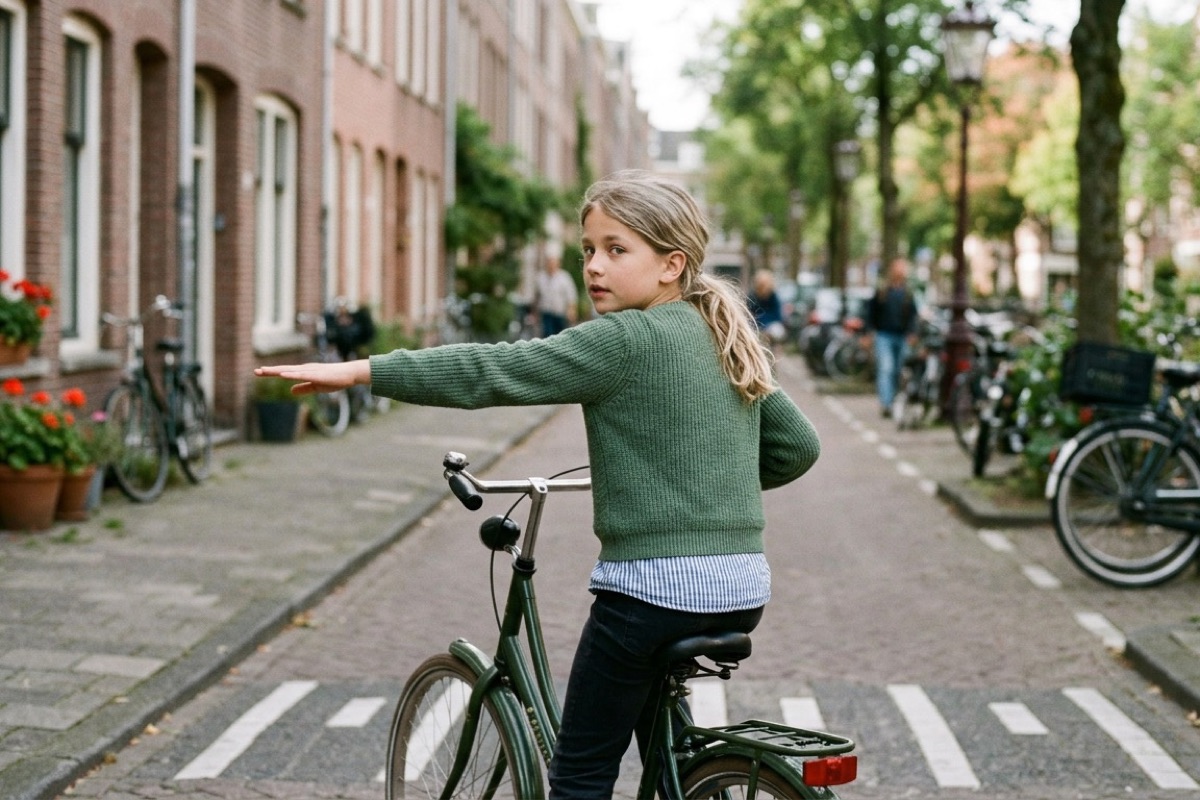 Kind op de fiets steekt linkerarm uit om af te slaan en kijkt over de schouder.