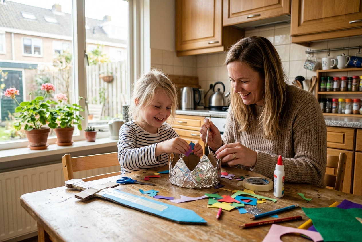Een Nederlandse ouder en kind knutselen samen aan kartonnen kroon en zwaard aan een keukentafel met papier, schaar en lijm.