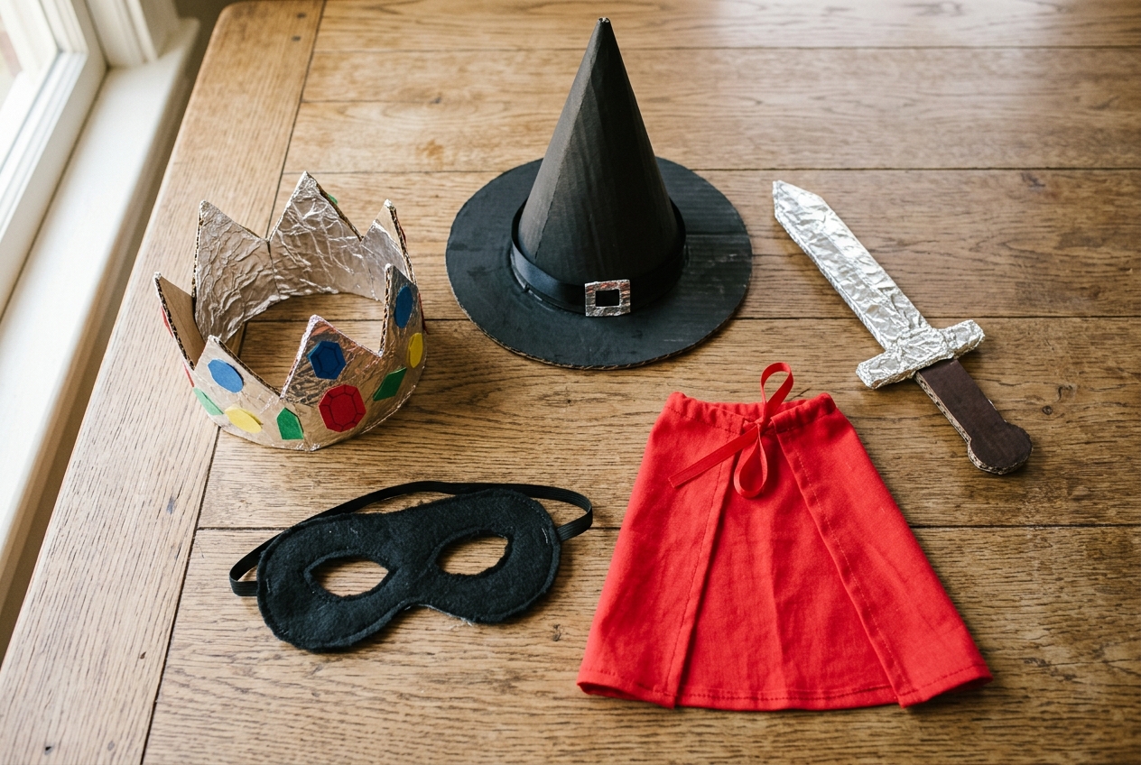 Een verzameling zelfgemaakte verkleedstukken โ kartonnen kroon, zelfgemaakt zwaard, vilt-masker en stof-cape โ uitgespreid op een houten tafel.
