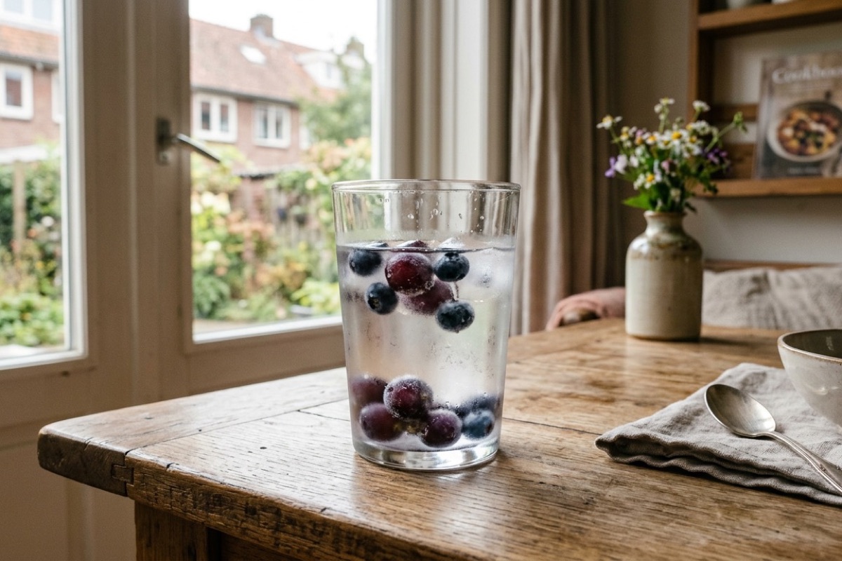 Een glas koud water met bevroren druiven en bessen op een houten tafel bij daglicht uit het raam
