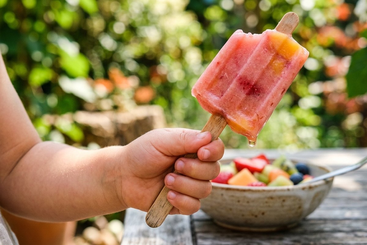 Bordje met fruit-ijsjes, watermeloen-driehoekjes en bevroren druiven voor peuters en kleuters