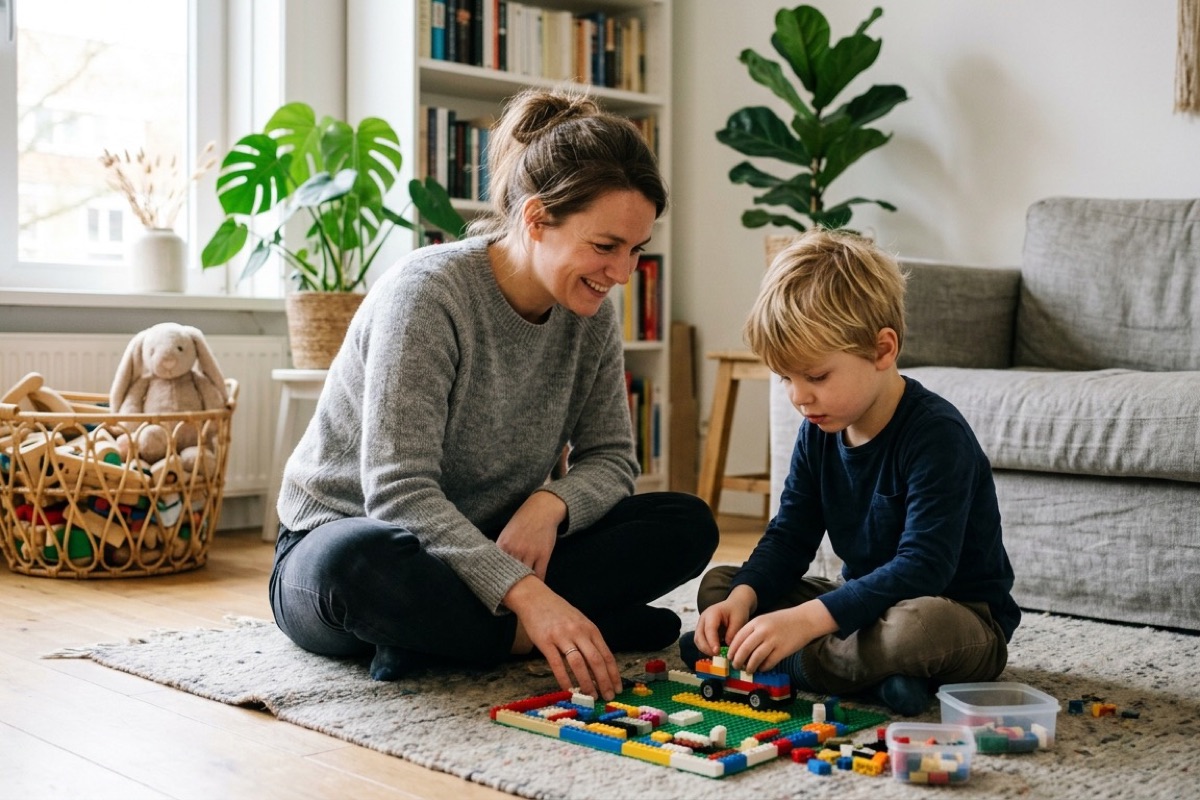 Een Nederlandse moeder en haar zoon van zes zitten samen op de woonkamervloer en bouwen rustig met lego.