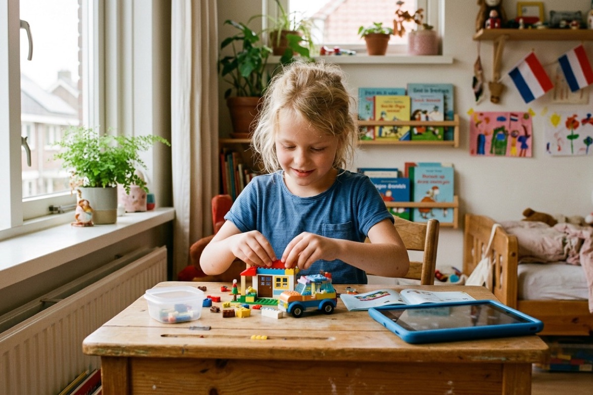 Ouder zit aan een laptop in de keuken terwijl een kind naast aan tafel een werkblad invult.