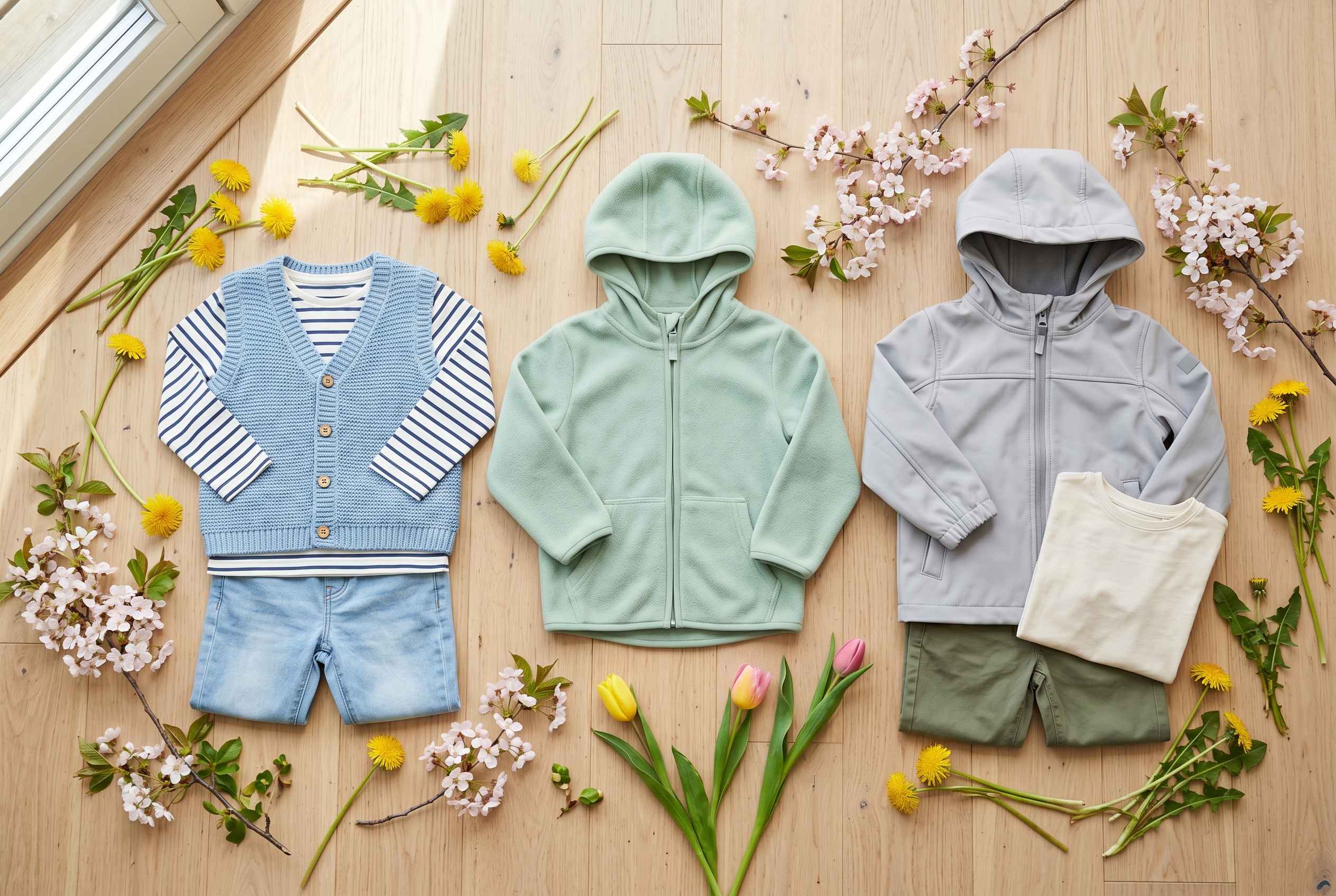 Drie kledingsetjes voor lente-overgangsweer op een houten vloer: lichtblauw vest met long-sleeve, fleece-jas met capuchon, en lichte softshell-jas, met paardenbloemen en bloesem-takken eromheen.
