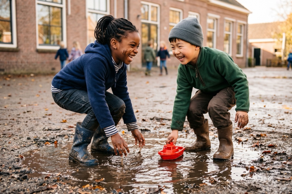 Twee basisschoolkinderen, een meisje met vlechten en een jongen met muts, spelen lachend in een modderige plas op een Nederlands schoolplein.
