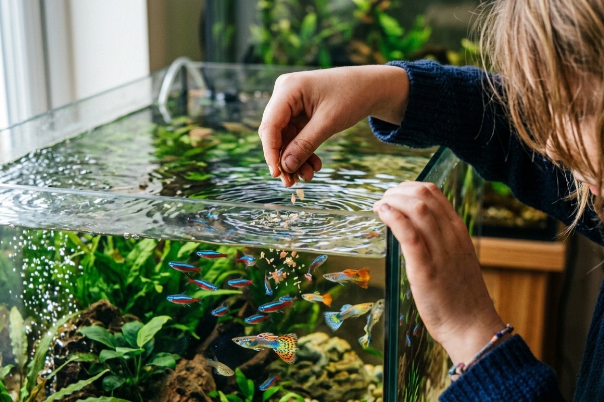 Een kindshand strooit visvoer in een tropisch aquarium met kleurrijke neonvisjes en guppies