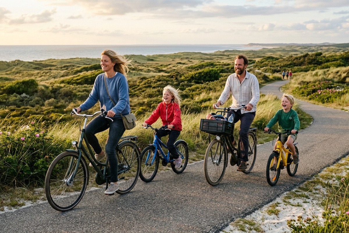 Een Nederlands gezin fietst langs een autovrij duinpad op Vlieland in het zomerlicht