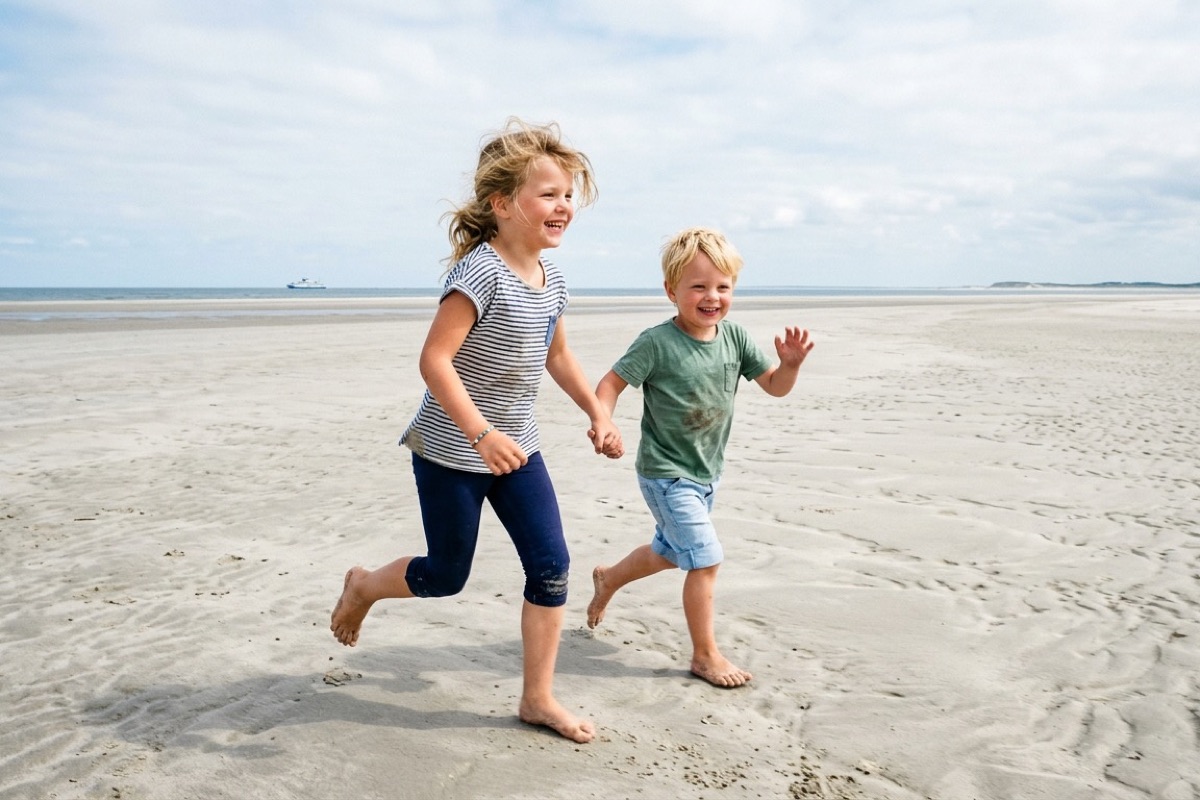 Twee Nederlandse kinderen rennen lachend over de uitgestrekte zandvlakte van De Vliehors