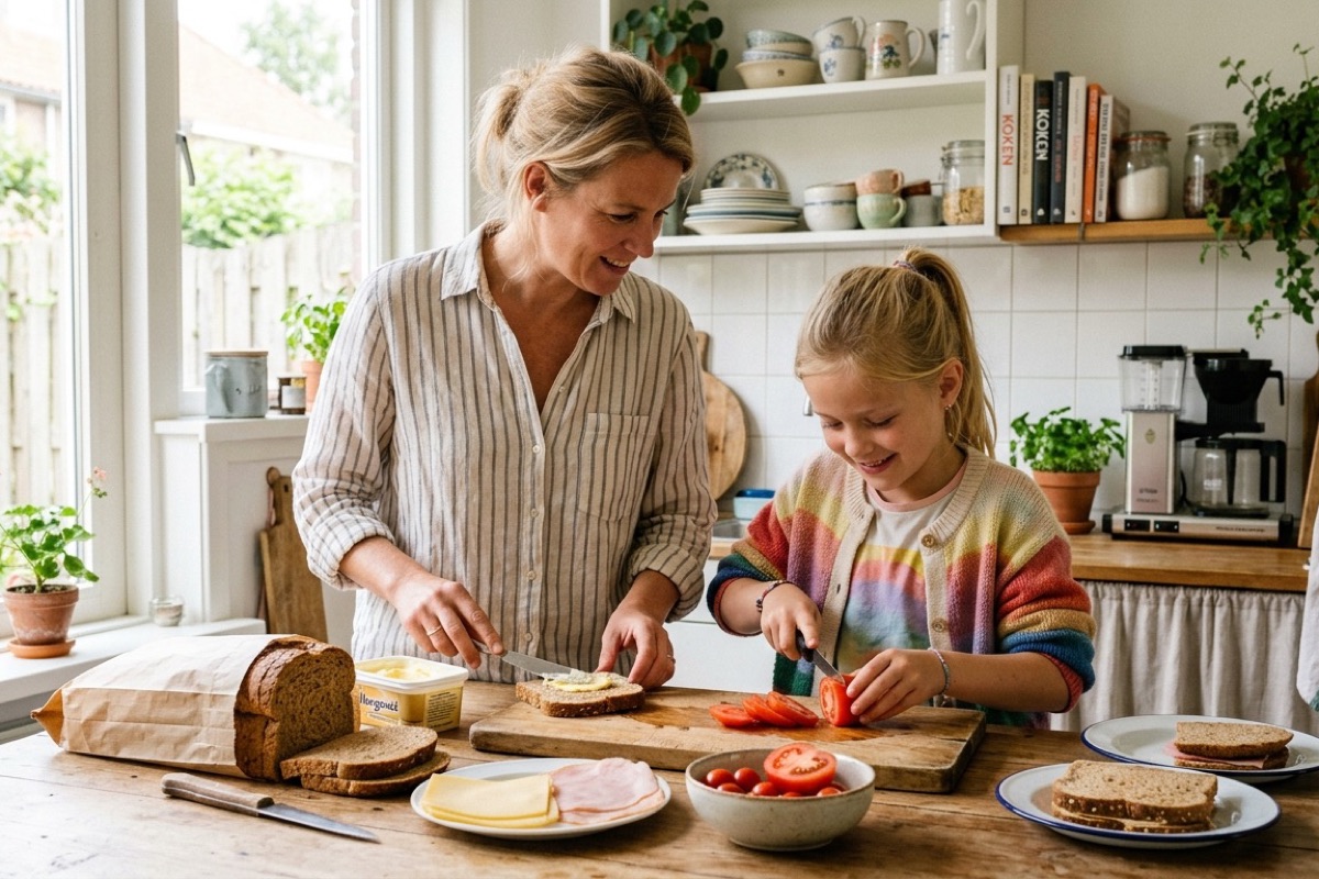 Moeder en dochter bereiden samen lunch met bruin brood, kaas en tomaat in een lichte keuken.