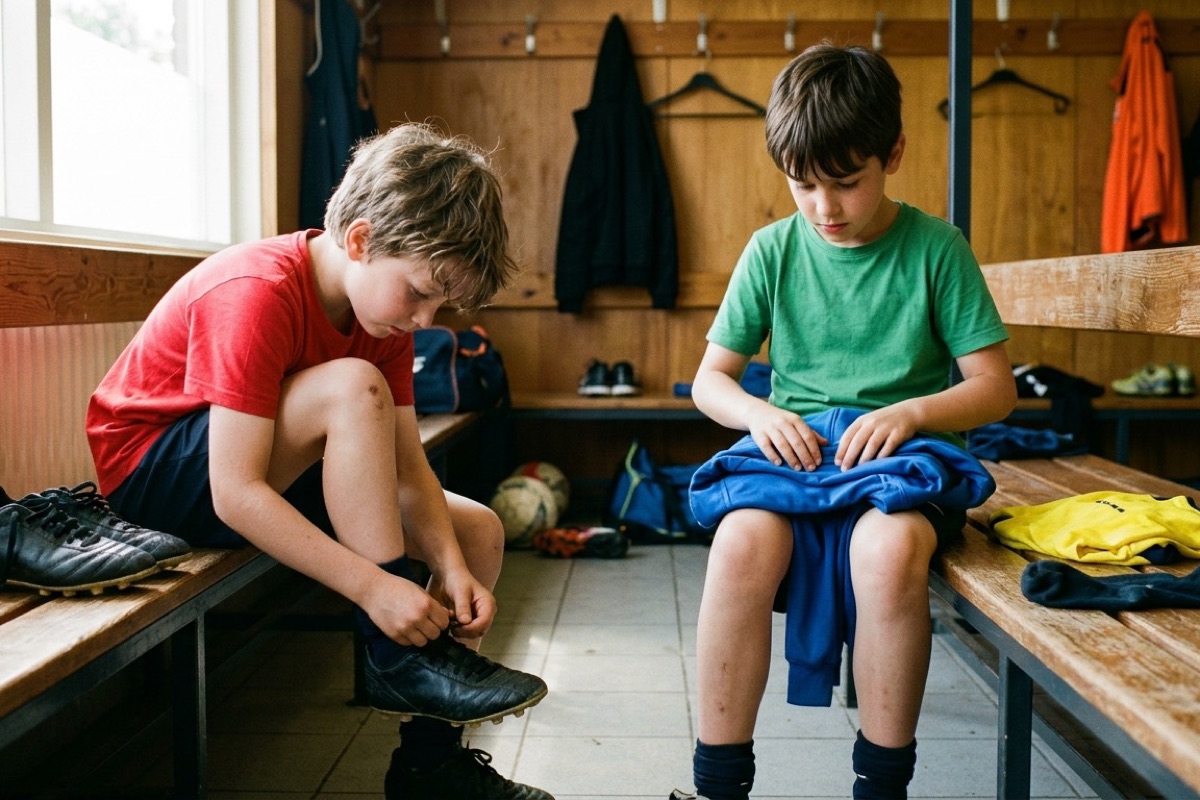 Twee kinderen zitten op een bank in de kleedkamer en maken zich klaar voor de voetbaltraining.