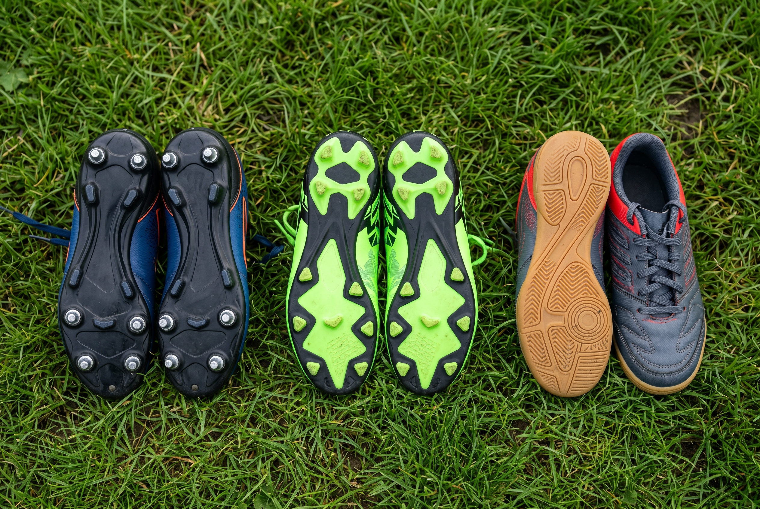 Drie paar kinder-voetbalschoenen op groen gras naast elkaar: schoenen met lange schroef-noppen, schoenen met korte vaste noppen, en een zaalvoetbalschoen met platte gum-zool.