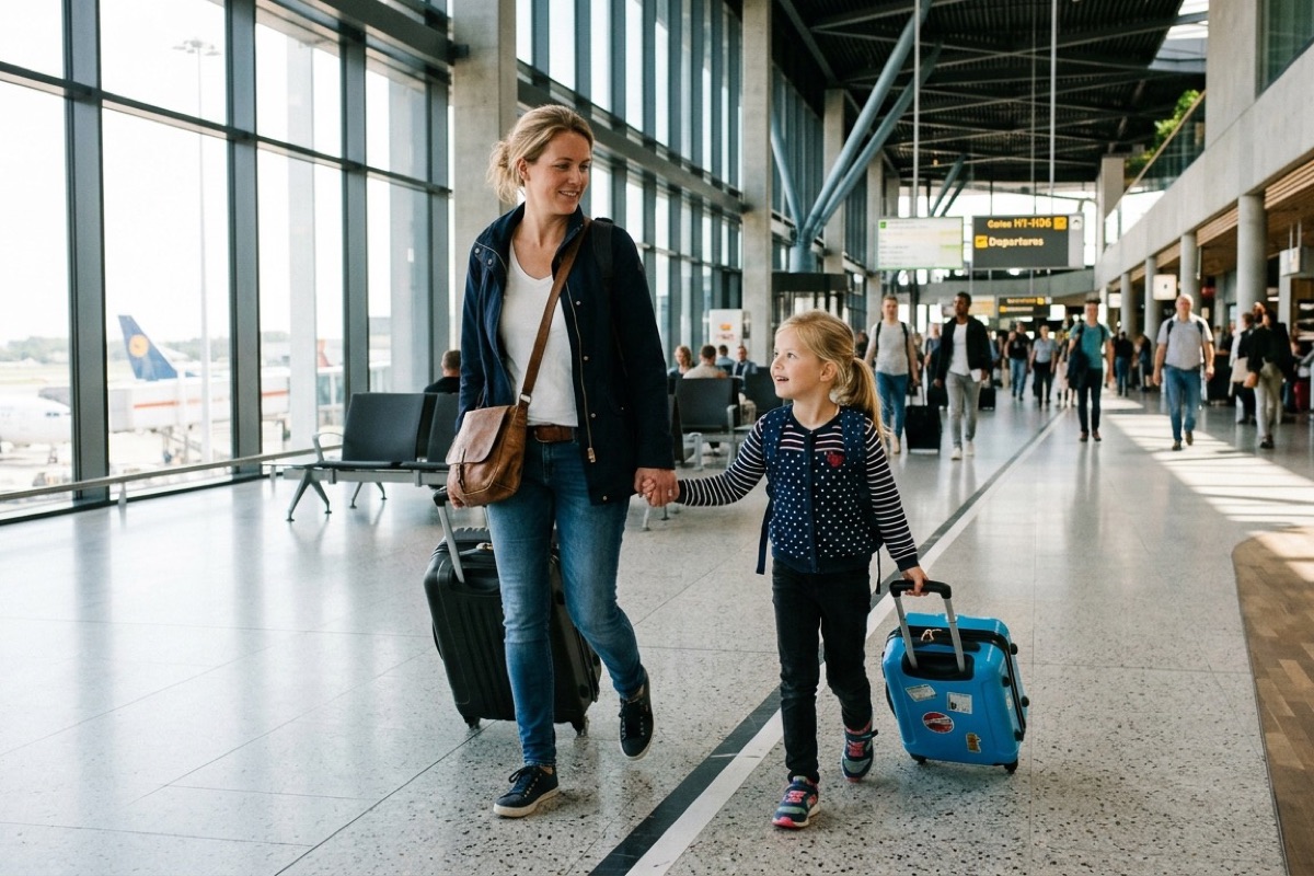 Ouder en kind staan bij een handbagage-koffer in een vliegveldhal.