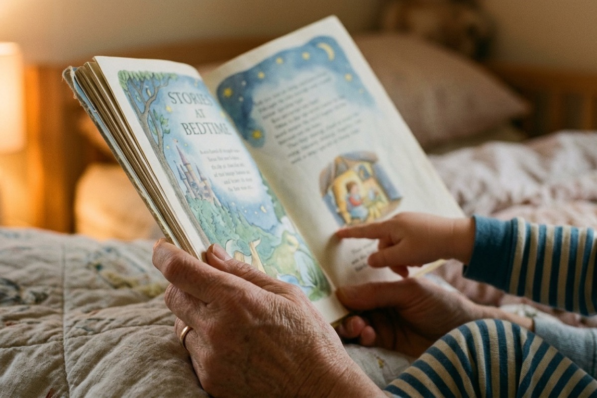 Volwassen handen houden voorleesboek vast, kindervinger wijst illustratie aan