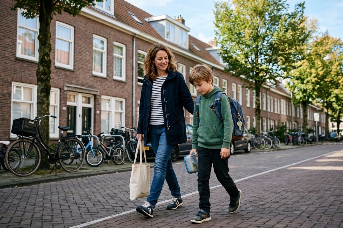 Een Nederlandse moeder en haar zoon van tien lopen samen in een rustige straat thuis van school.