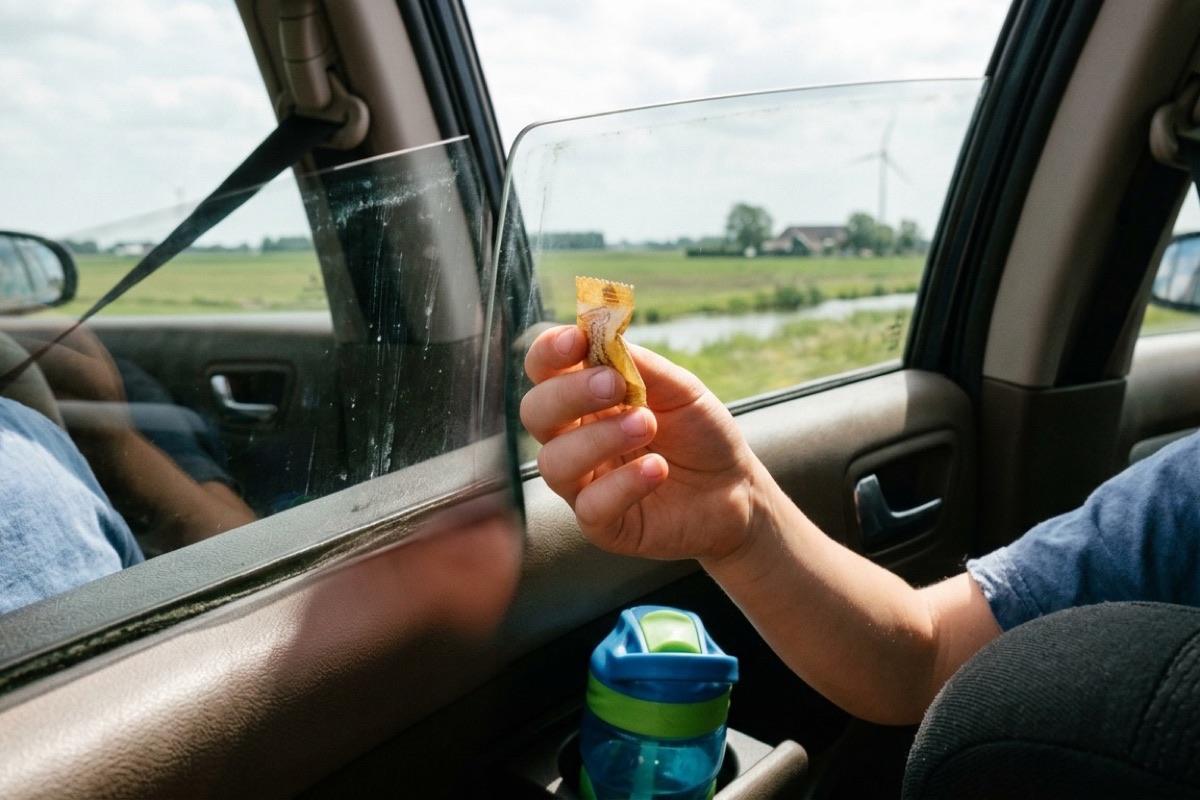 Kinderhand houdt een stukje gemberkauwgom omhoog bij een open autoraam.