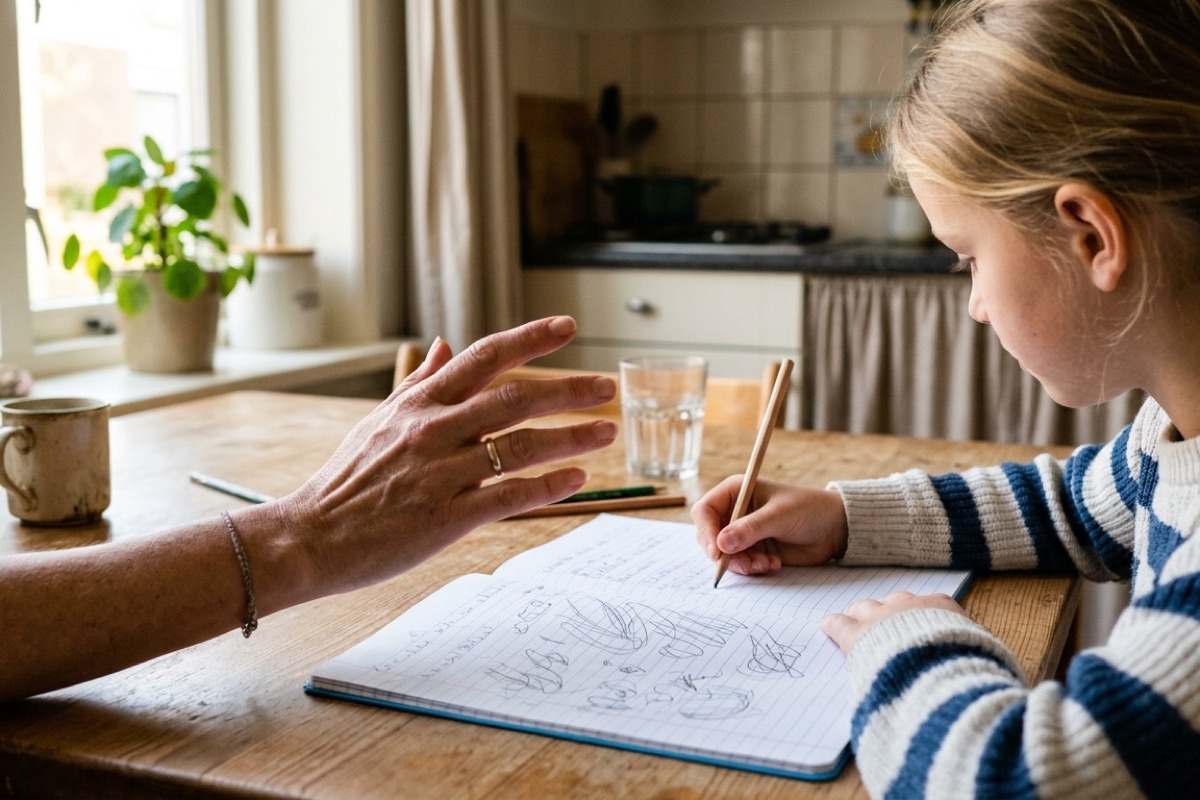 Een ouderhand laat een schrift los terwijl een kind zelfstandig verder werkt aan huiswerk