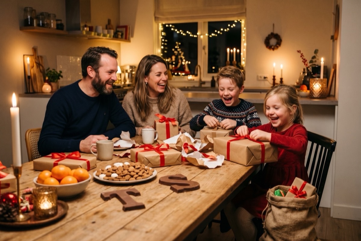 Een gezin pakt samen cadeautjes in voor pakjesavond aan de keukentafel