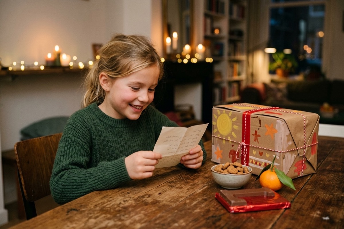 Een kind leest een Sinterklaas-gedicht voor naast een zelfgemaakte surprise
