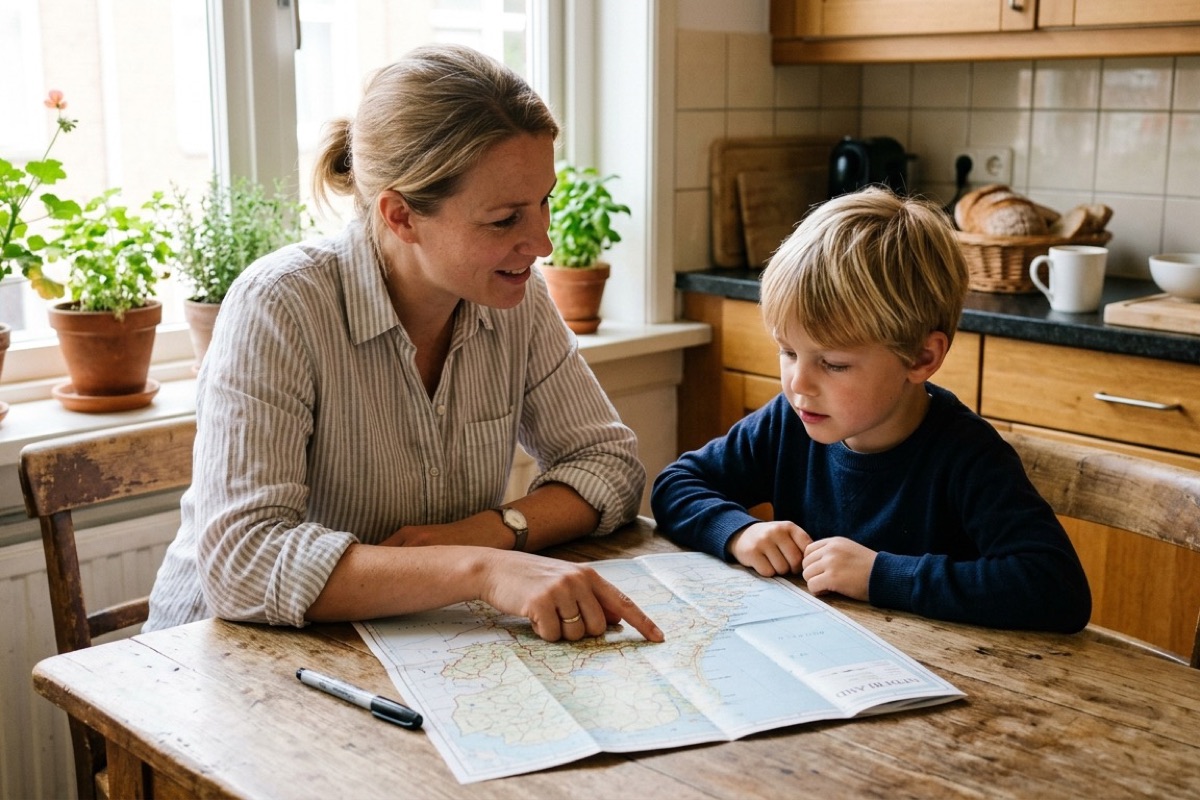 Ouder en kind kijken samen naar een kaart op de keukentafel om de fietsroute uit te stippelen.