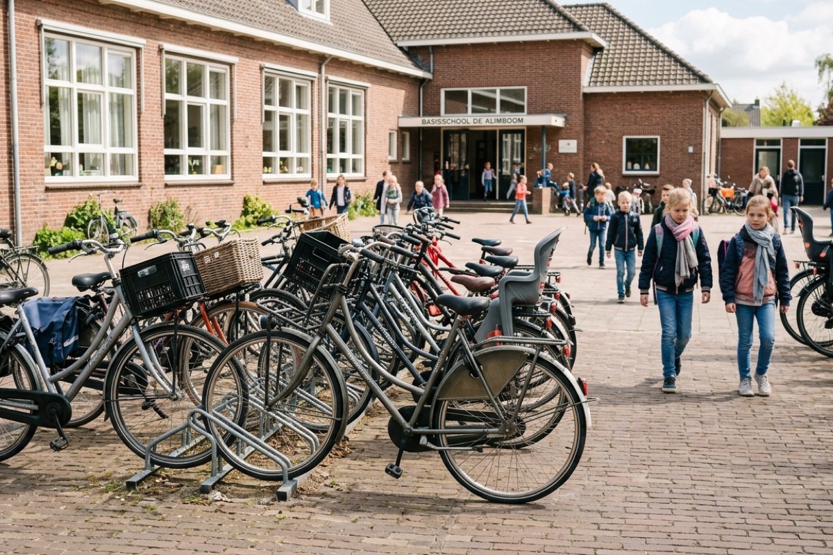 Fietsenstalling bij een Nederlandse basisschool met meerdere geparkeerde fietsen en spelende kinderen.