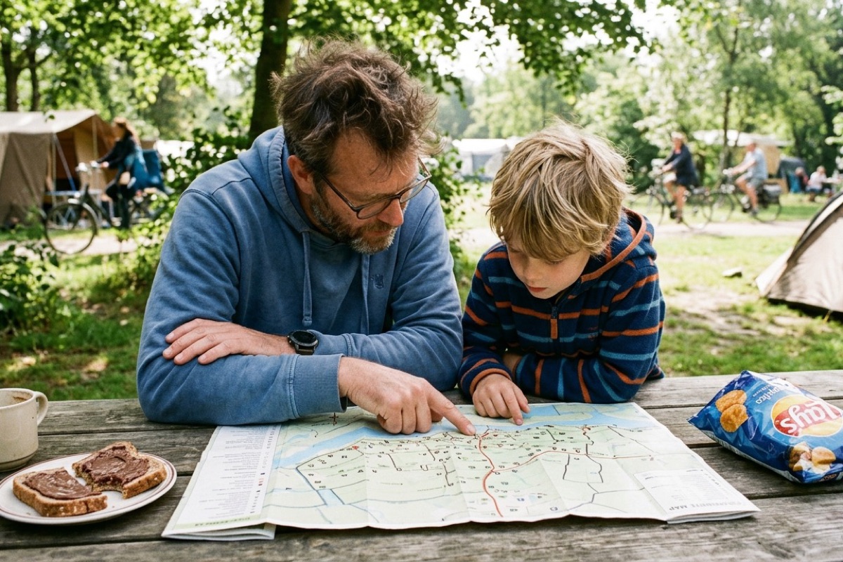 Vader bekijkt samen met kind een papieren plattegrond van een camping op een picknicktafel.