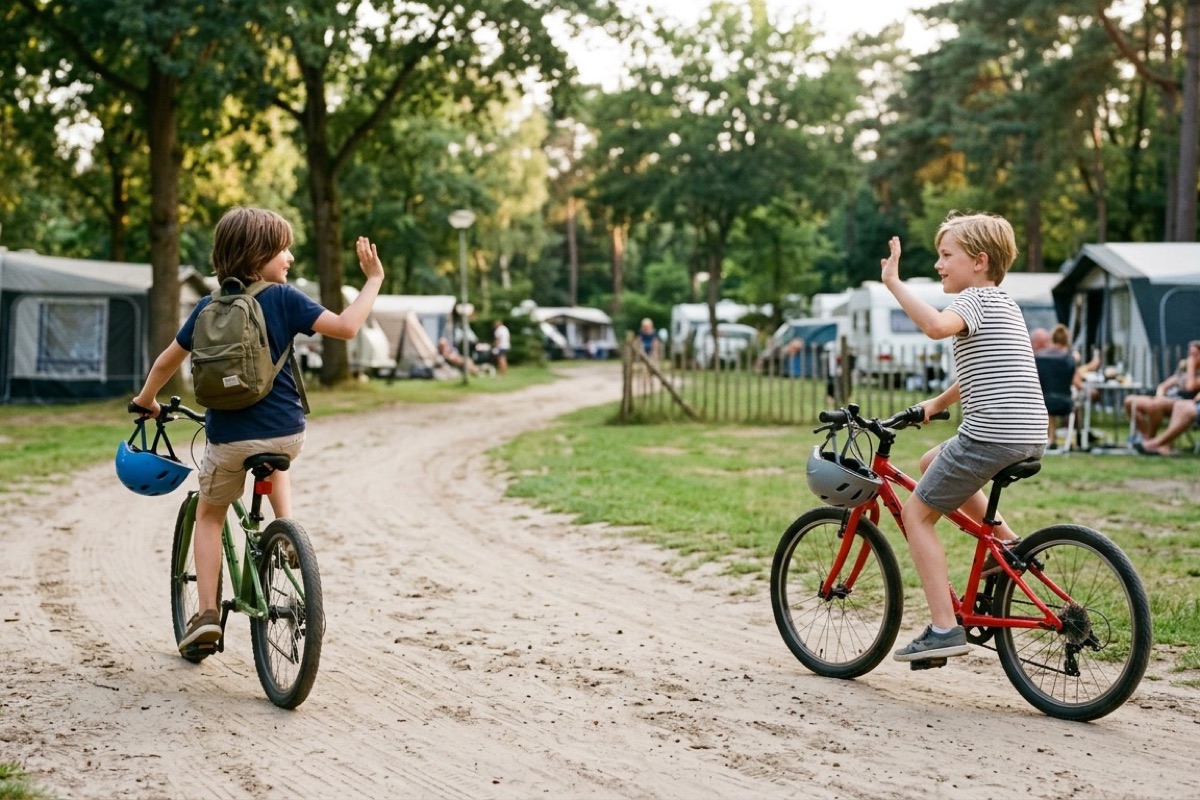 Twee kinderen op fietsen wuiven naar elkaar op een rustig kampeerveld in de avond.
