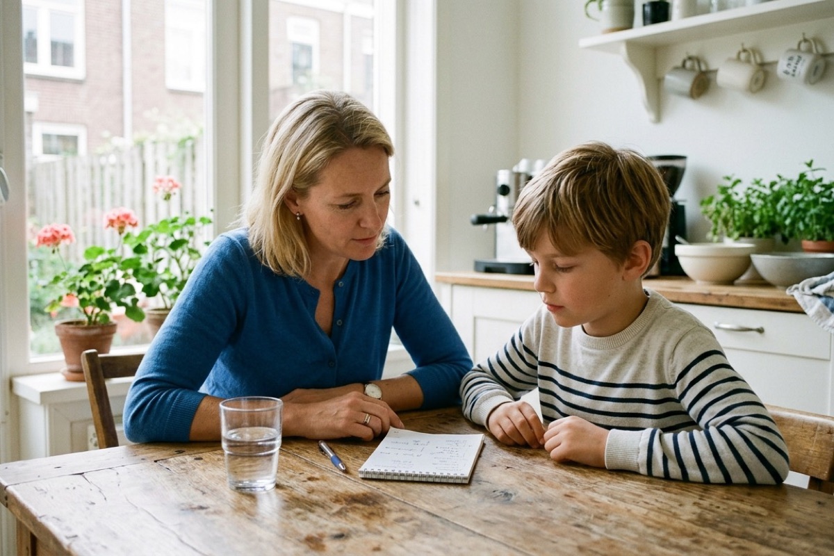 Ouder en kind zitten samen aan de keukentafel met een lijstje en een glas water in zacht ochtendlicht.