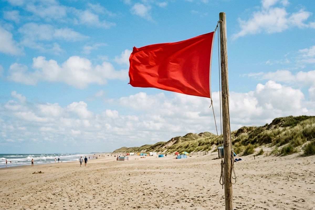Een rode vlag wappert aan een paal aan een Nederlands strand bij stevige wind en helder daglicht