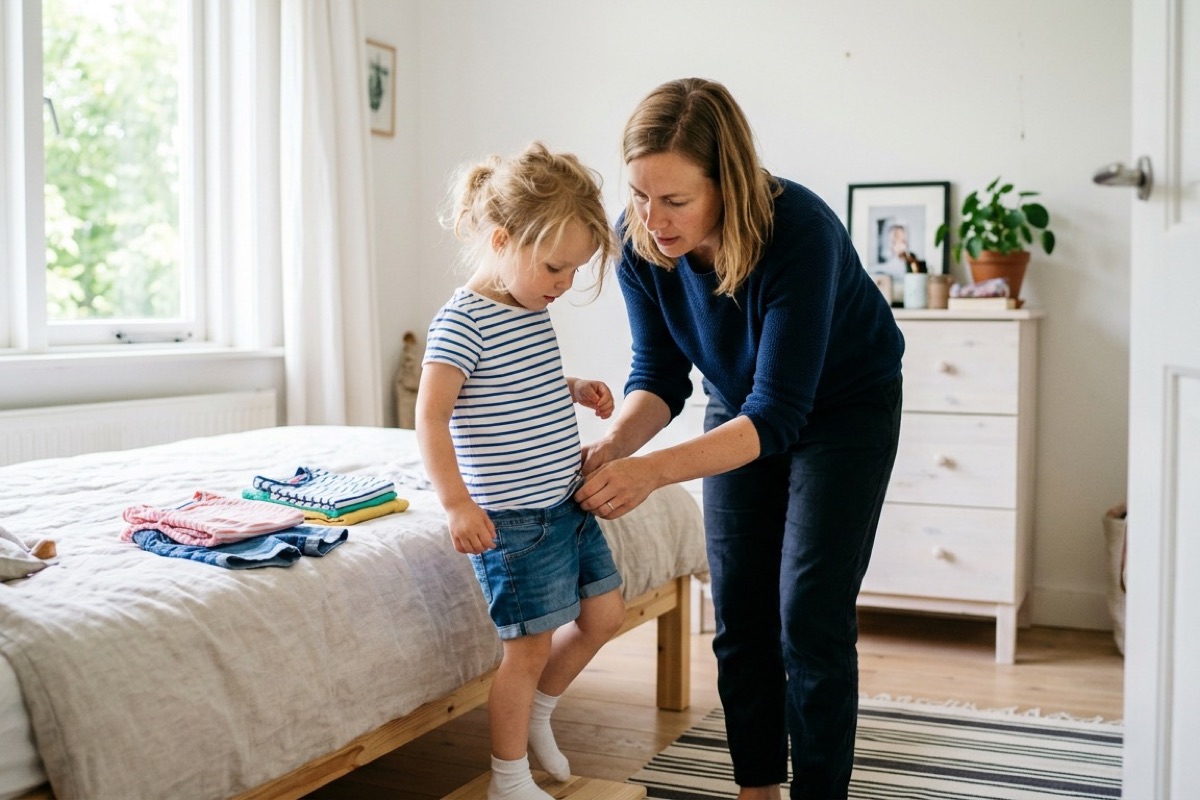 Een ouder helpt een peuter een denim korte broek aantrekken in een zonnige slaapkamer met lentekleren op het bed.