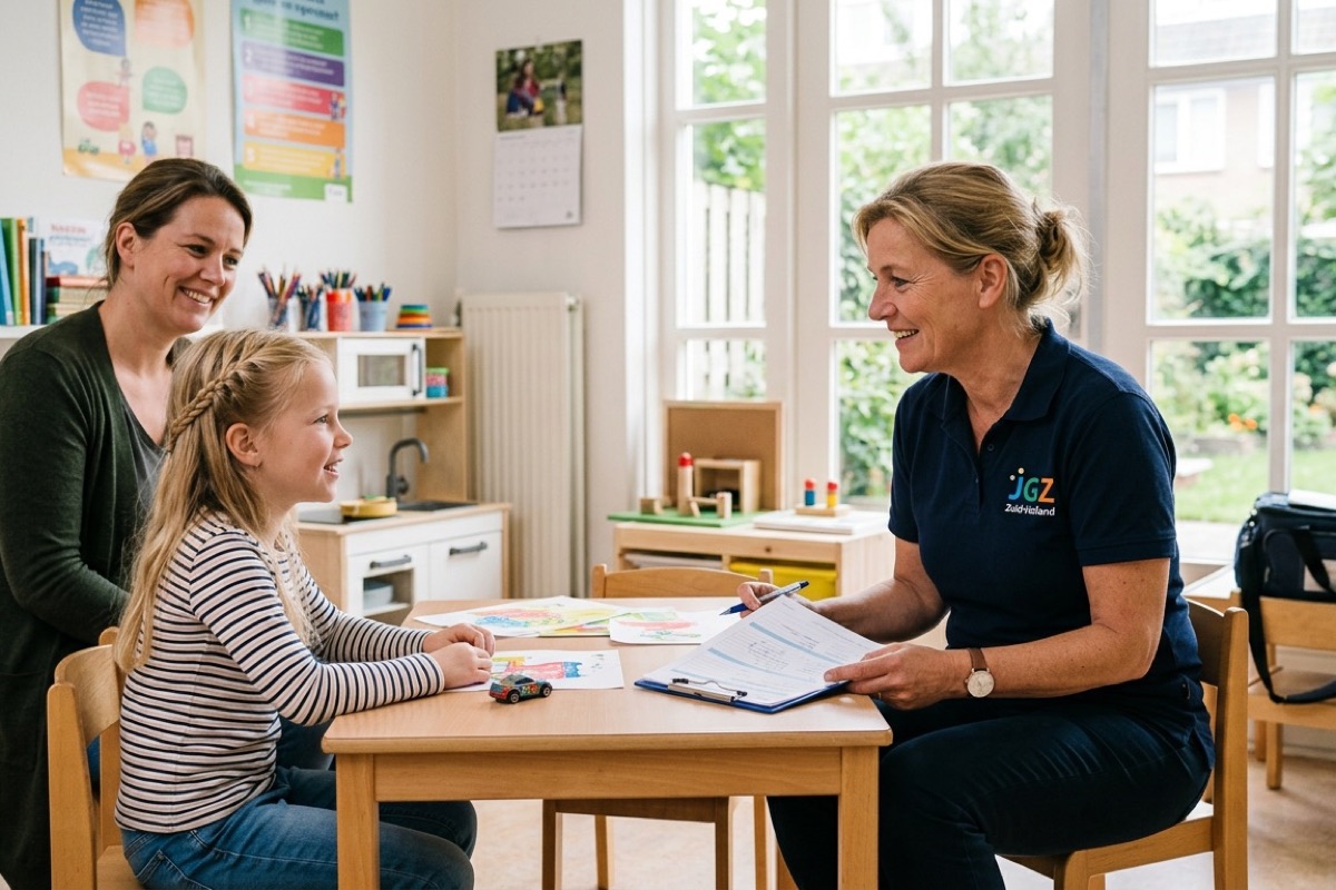 Jeugdverpleegkundige in JGZ-spreekkamer praat vriendelijk met een meisje en moeder bij een houten tafel.