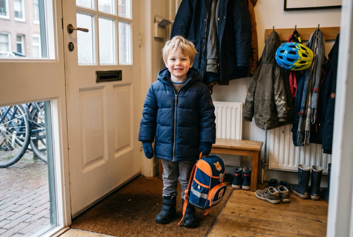 Vrolijke kleuter staat in een Nederlandse gang met een donkerblauwe winterjas aan en een rugzakje in de hand, klaar om naar school te gaan.