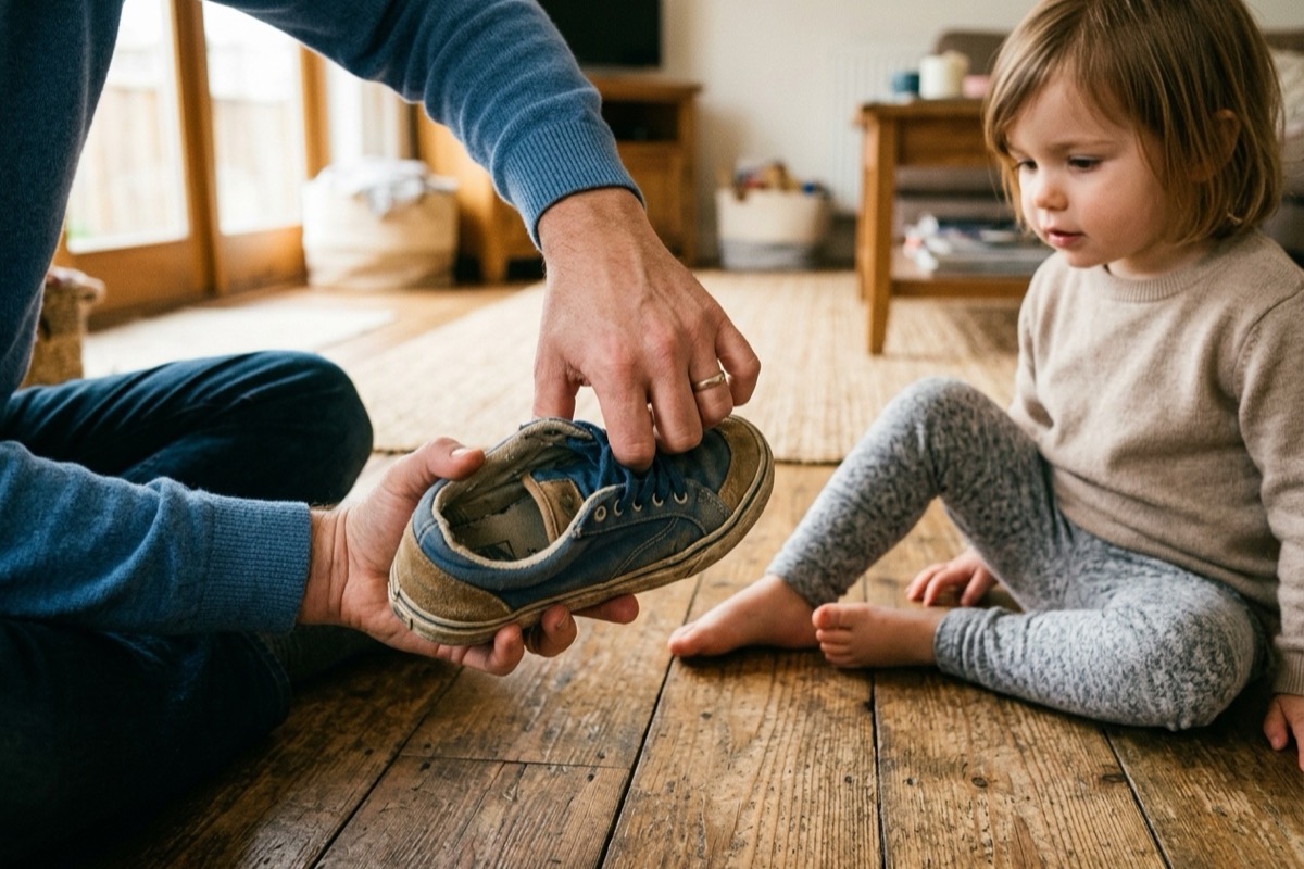Volwassene controleert binnenkant van versleten kinderschoen met duim, kind kijkt toe op houten vloer.