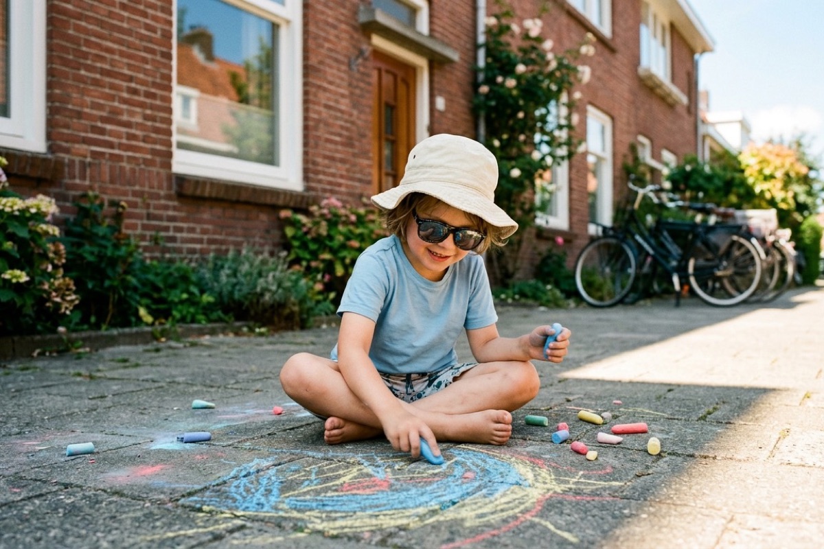 Kind met zonnehoed en zonnebril speelt met stoepkrijt in een schaduwplek op de oprit.