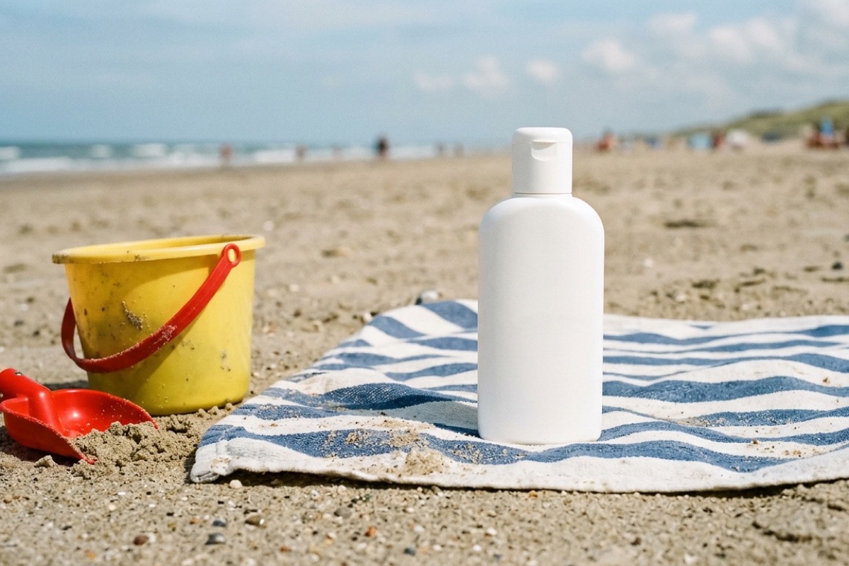 Fles zonnebrand SPF 50 op een handdoek bij een emmertje en schepje in het strandzand.