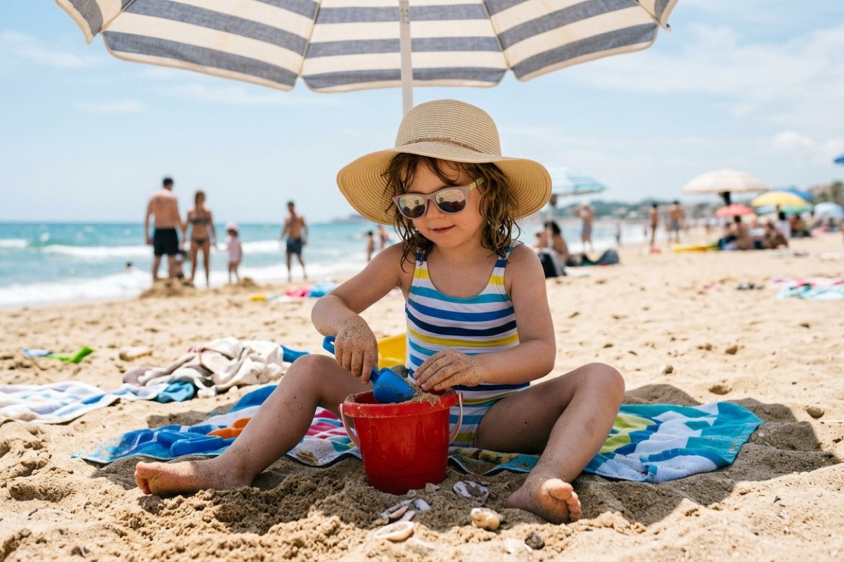Kind met pet en zonnebril speelt onder een parasol op het strand.