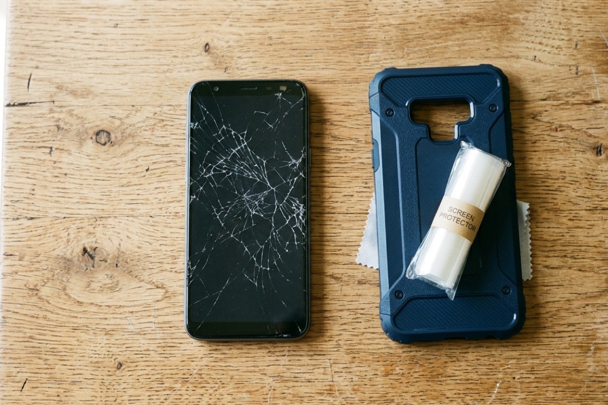 Telefoon met gebarsten scherm ligt op een houten tafel naast een stevig hoesje in helder daglicht.