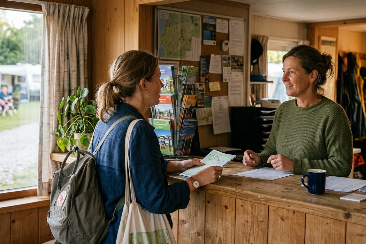 Ouder spreekt aan de receptie van een camping met een baliemedewerker in zacht middagslicht.