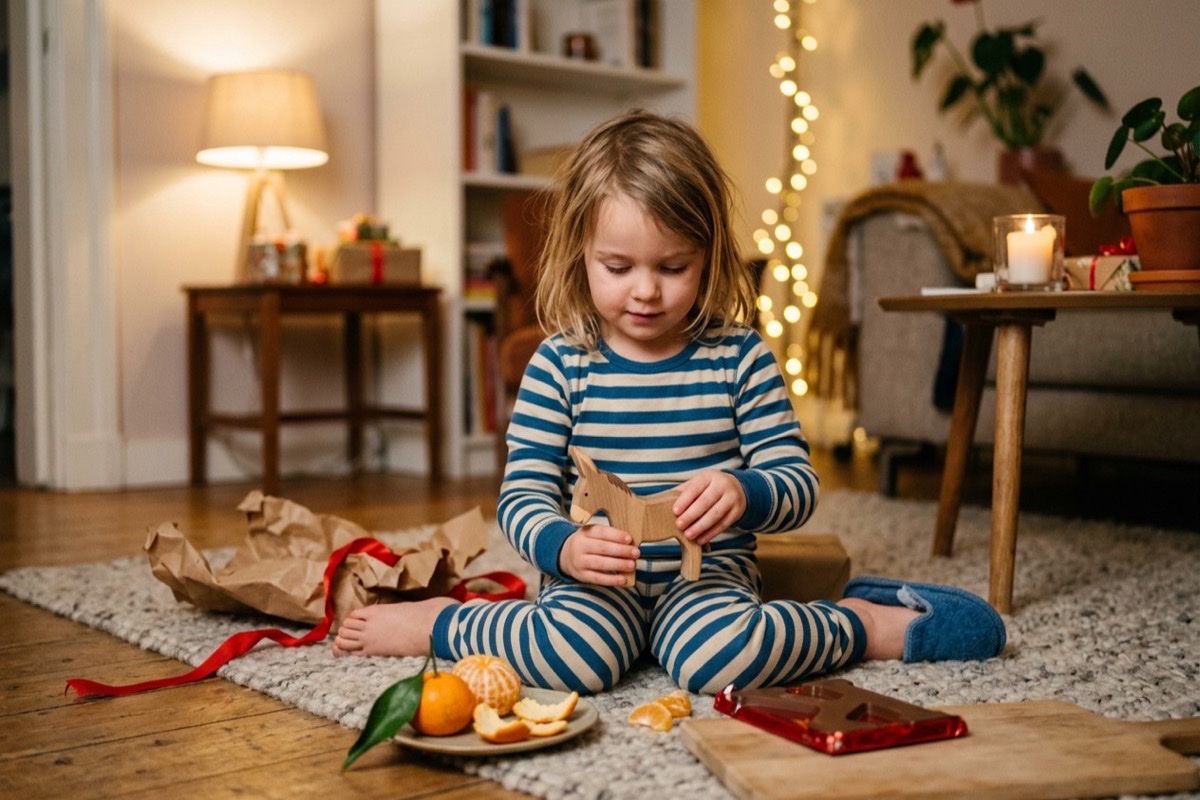 Een jong kind in pyjama speelt op een vloerkleed met een nieuw houten speelgoed na pakjesavond