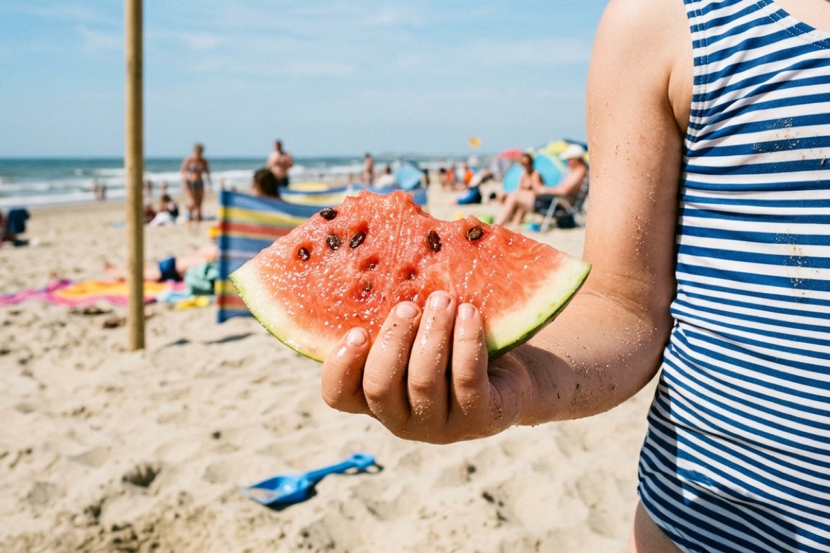 Een kinderhand houdt een schijfje verse watermeloen vast op het strand bij fel middaglicht