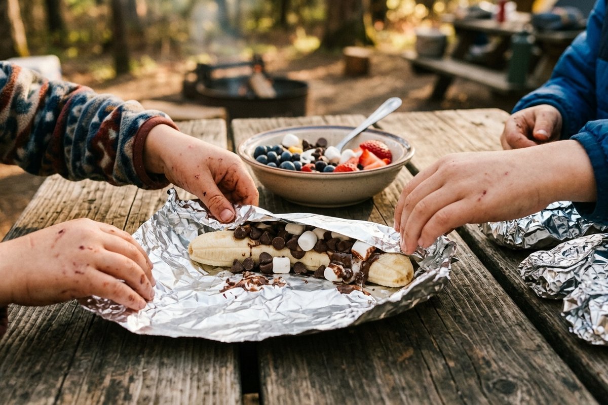Kinderen aan een campingtafel met wraps, fruit en bekers, gascomfoor op de achtergrond