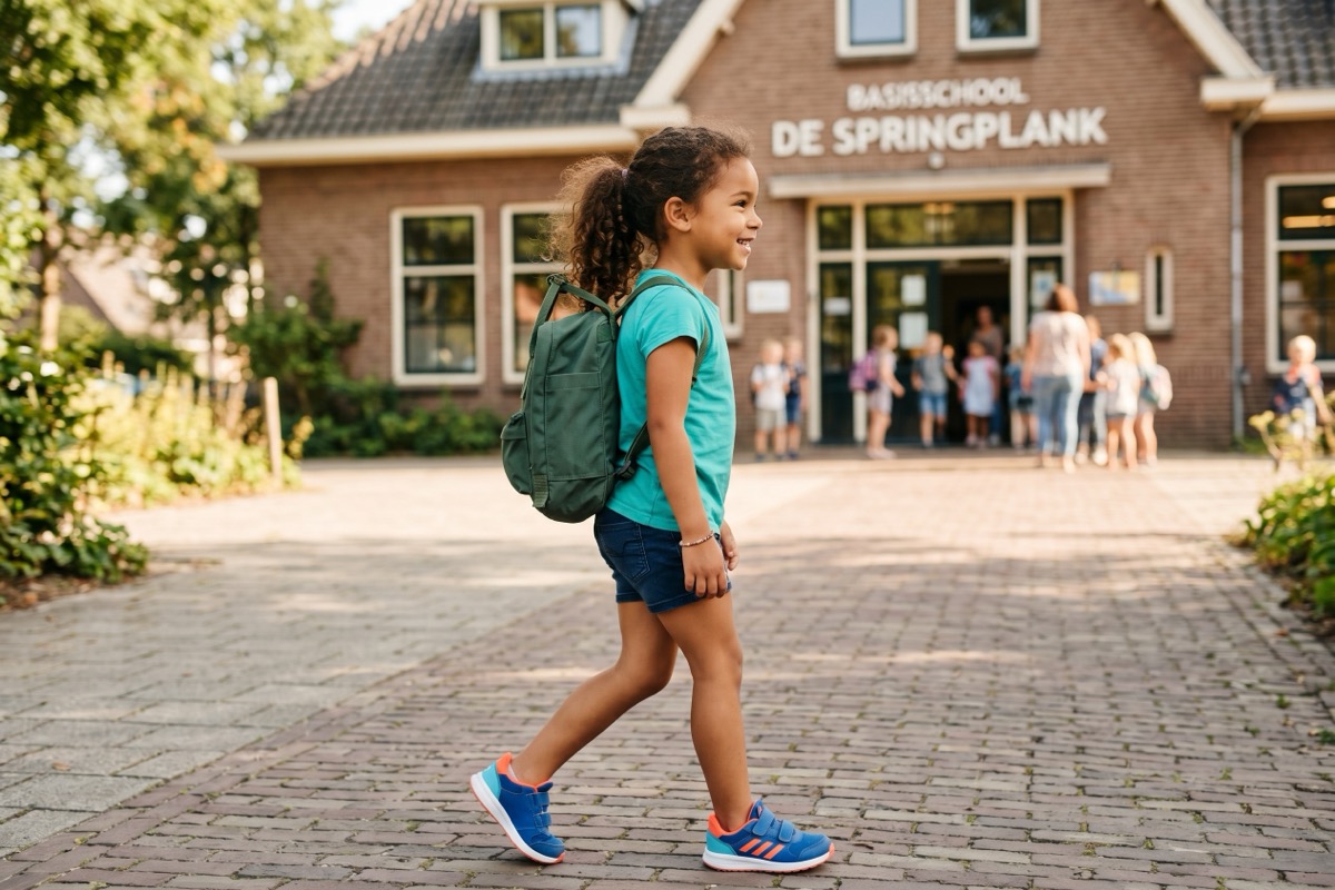 Een jong basisschoolmeisje met krullend haar en groene rugzak loopt over een gebakken stenen schoolplein naar een Nederlandse basisschool.