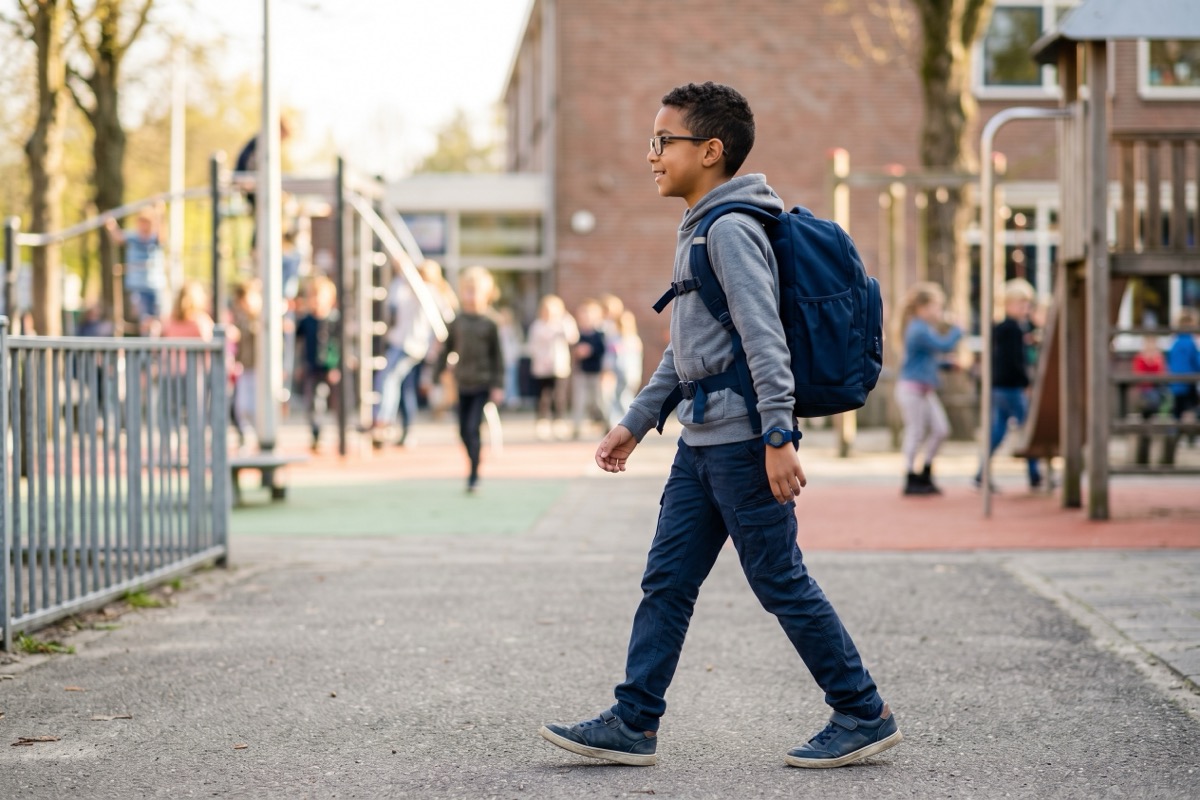 Een tienjarige basisschooljongen met bril en grijze trui draagt een blauwe rugzak met beide schouderbanden en borstband stevig vastgemaakt, lopend over een schoolplein.