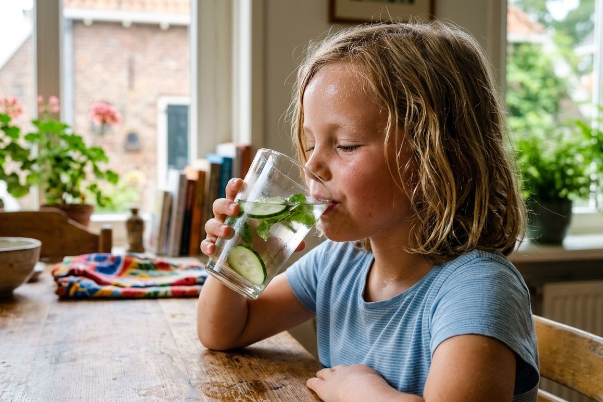 Een kind drinkt een glas koud water met komkommer en munt aan de keukentafel bij daglicht